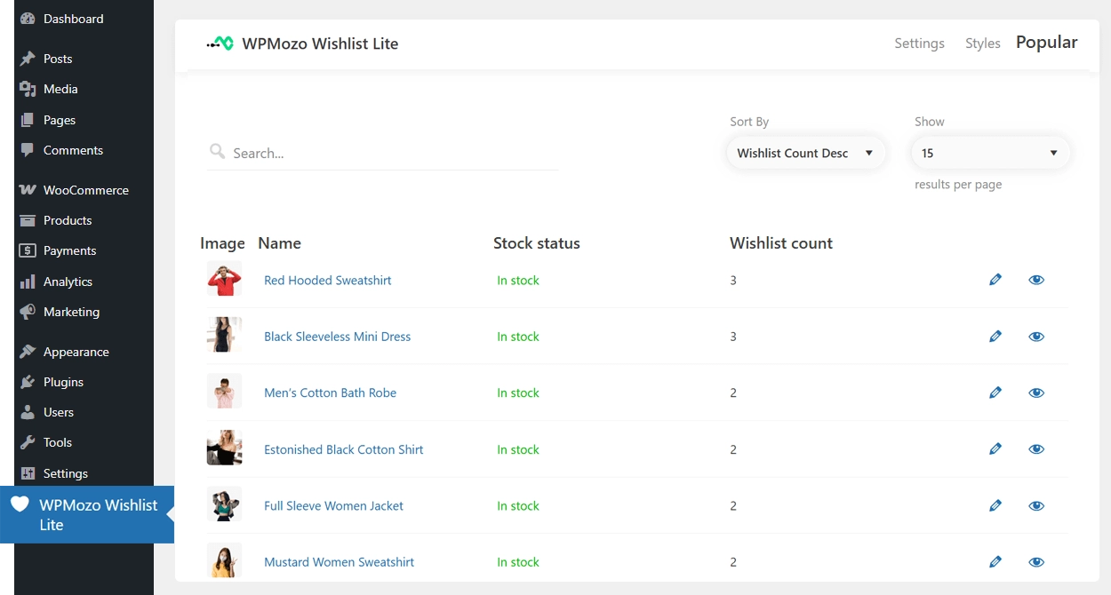Wishlist lite plugin admin panel