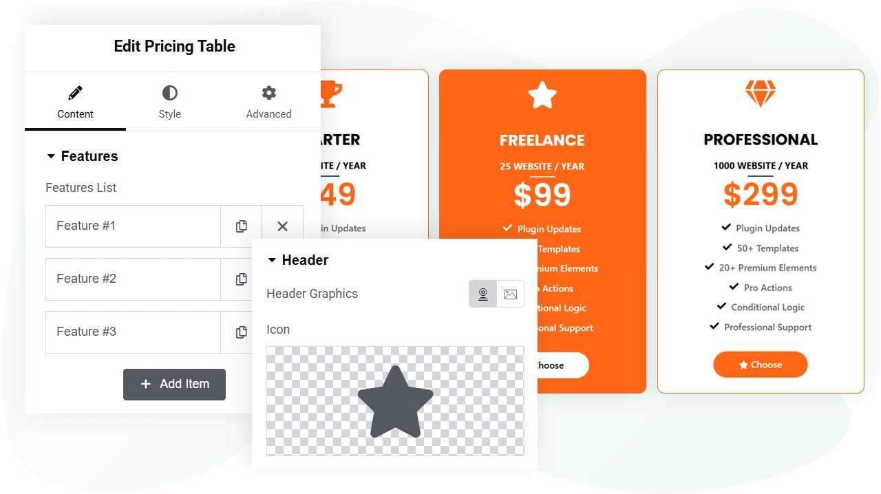 Elementor pricing table widget