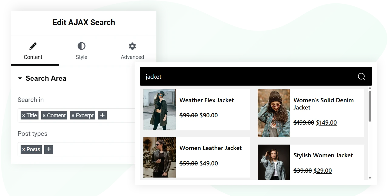 Elementor ajax search widget