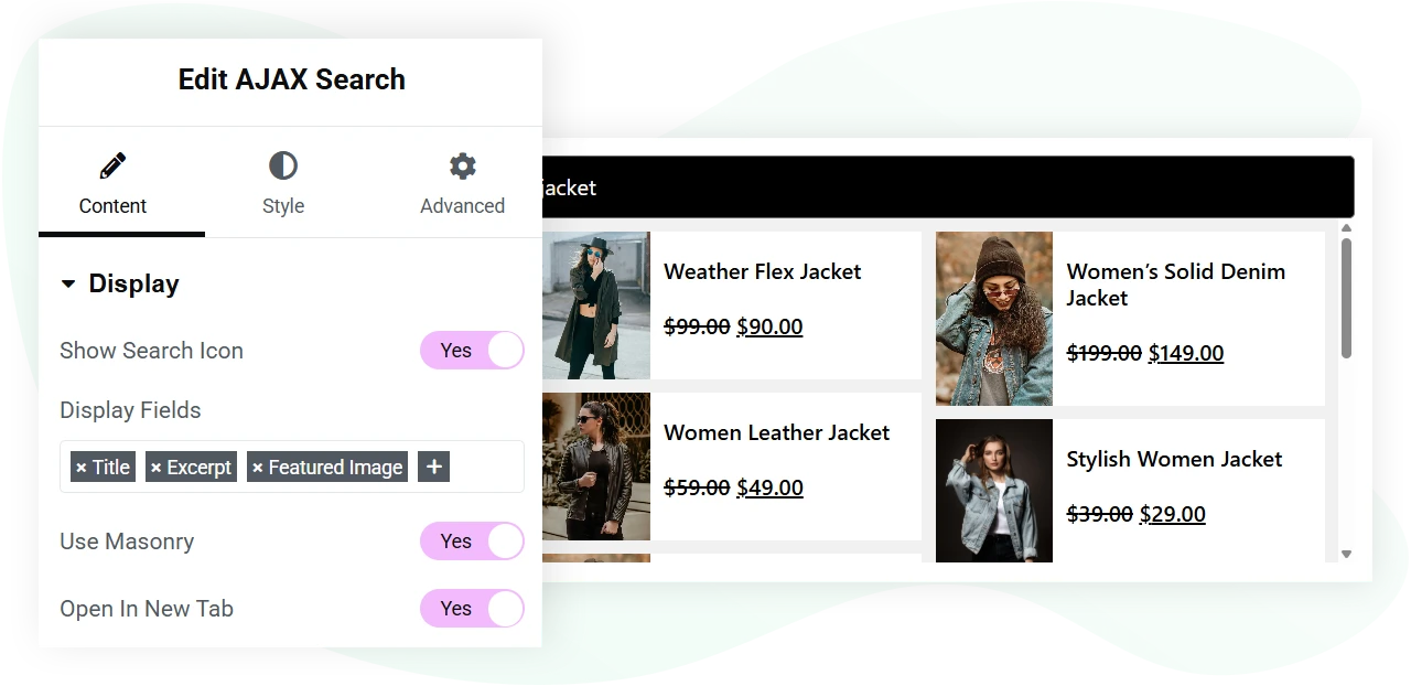 Elementor ajax search control elements