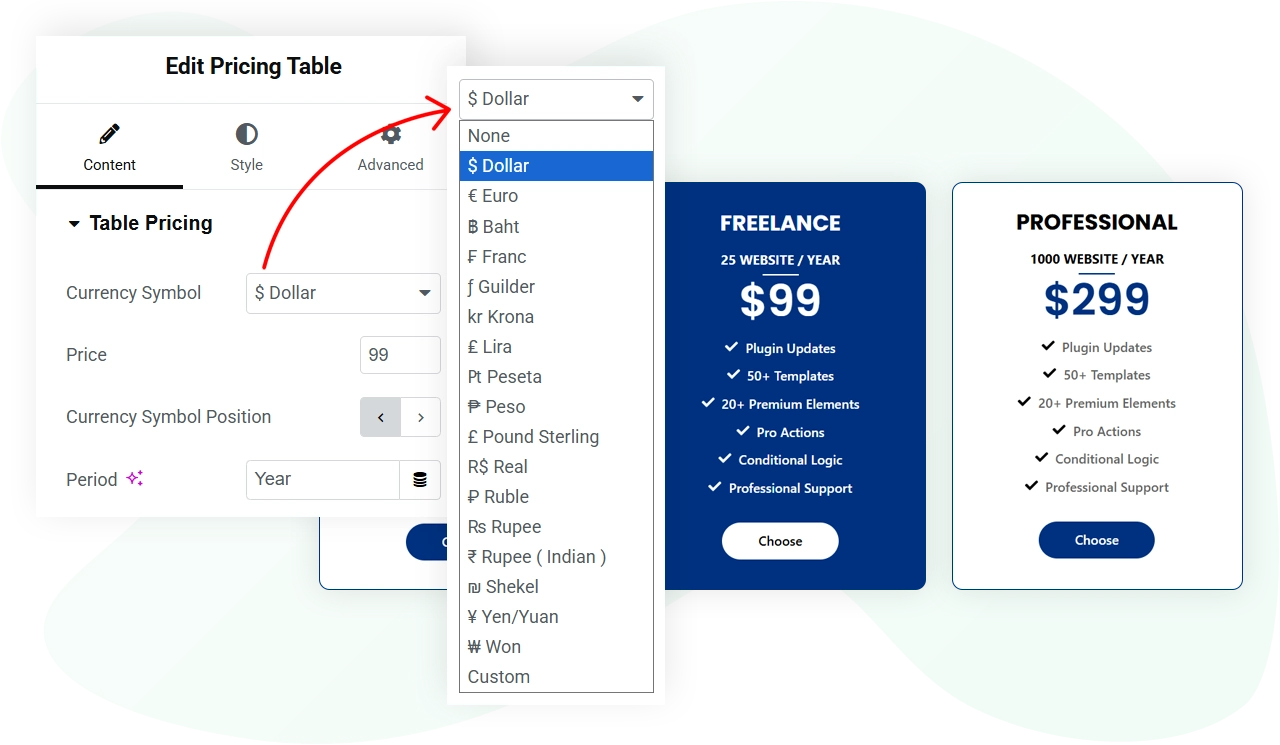 Elementor price table