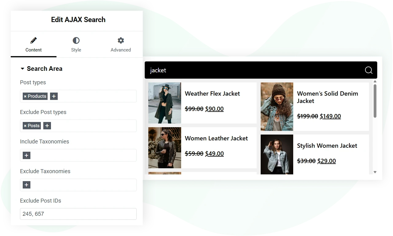 Elementor ajax search exclude search results