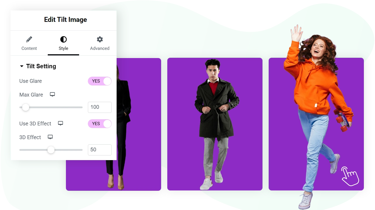 Glare and 3d effect of Elementor tilt image widget