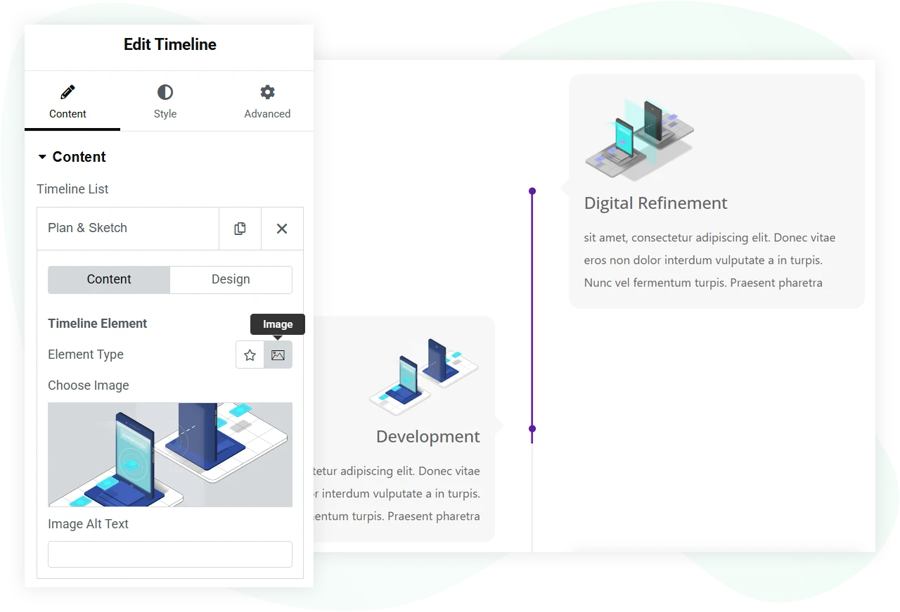 Elementor icon or image timeline
