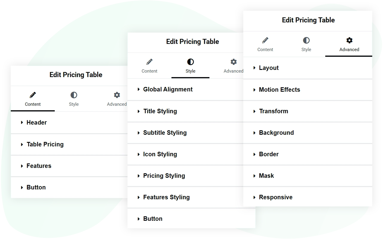 Elementor pricing table controls