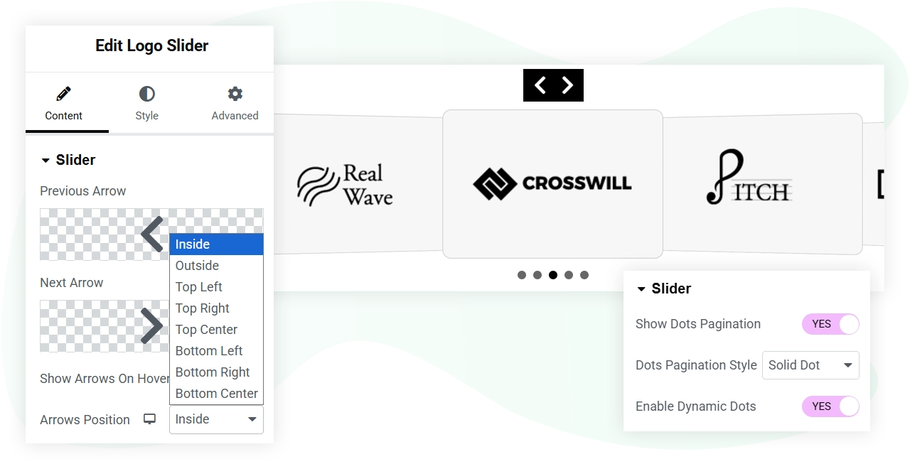 Elementor logo slider widget with arrows and pagination