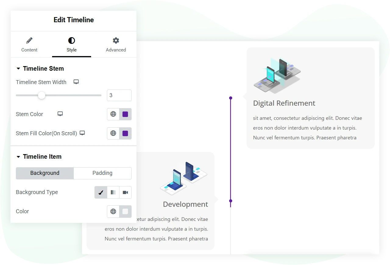 Elementor timeline stem styling