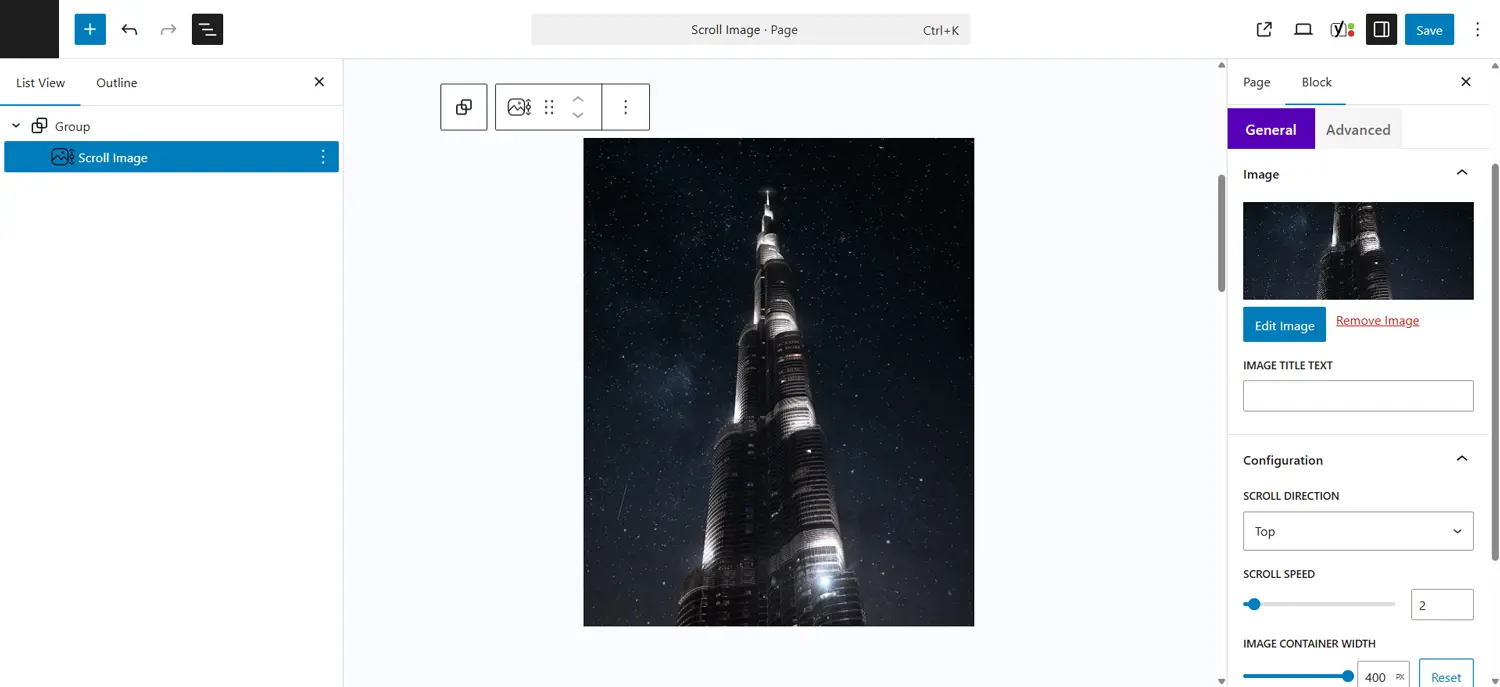 WPMozo scroll image block