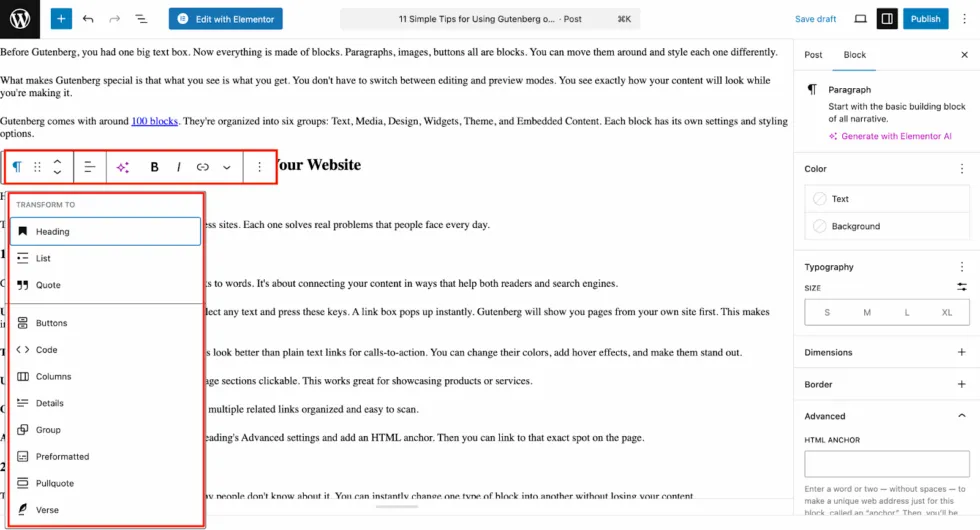 The Gutenberg tutorial explaining elements tool bar