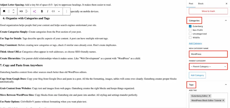 Gutenberg editor post category and tags options.