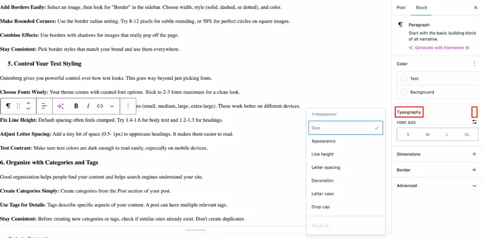 Typography options for the Paragraph block.