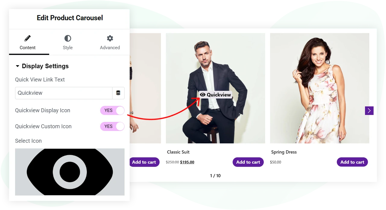 Elementor product carousel with quickview