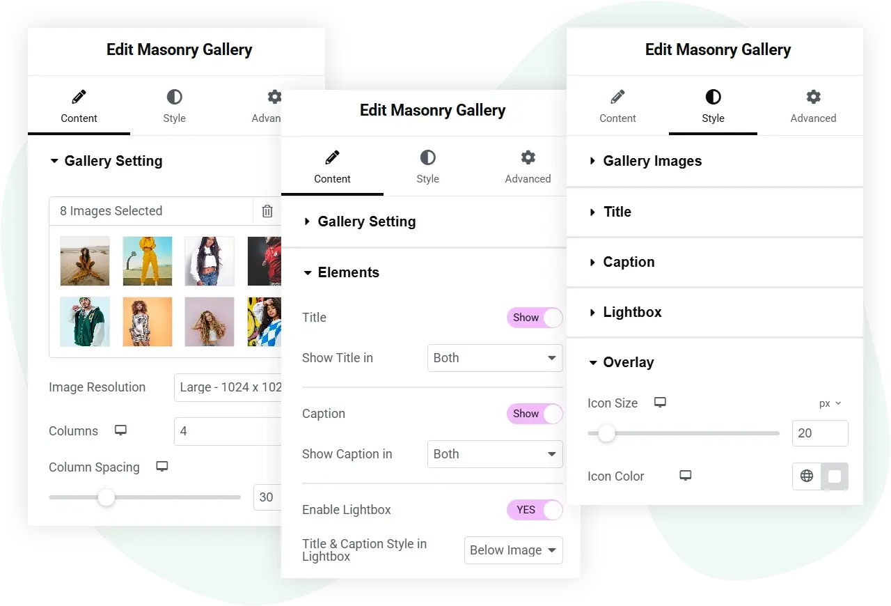 Elementor masonry gallery adjustable controls and features