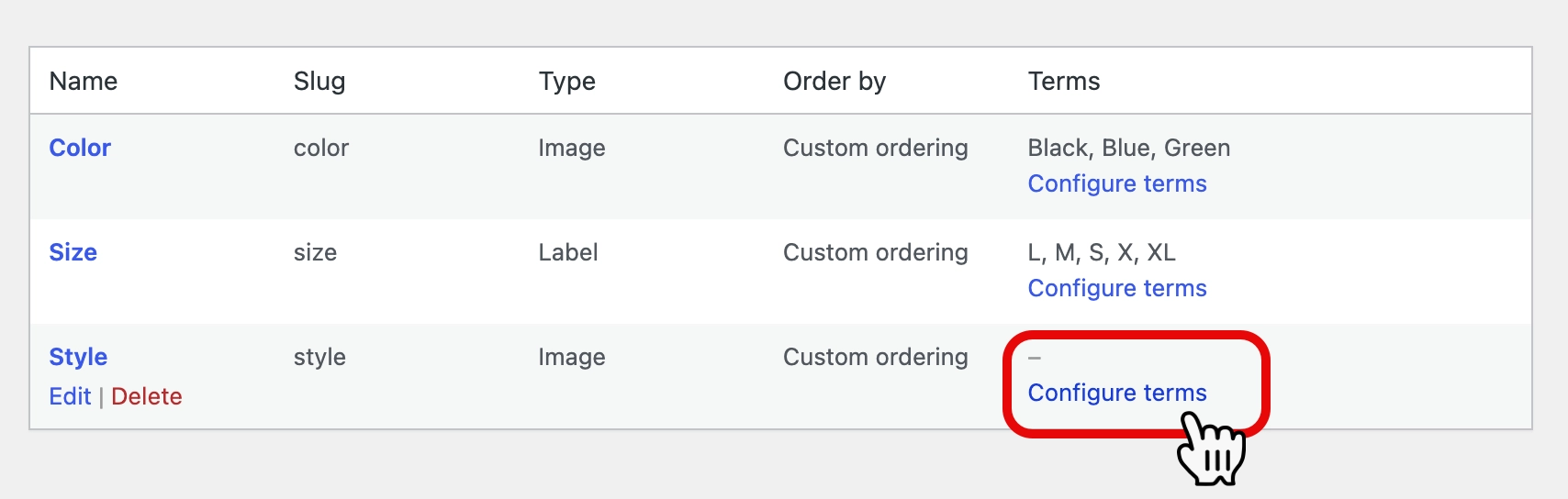 Configure terms option in the Terms column of WooCommerce Attributes section.
