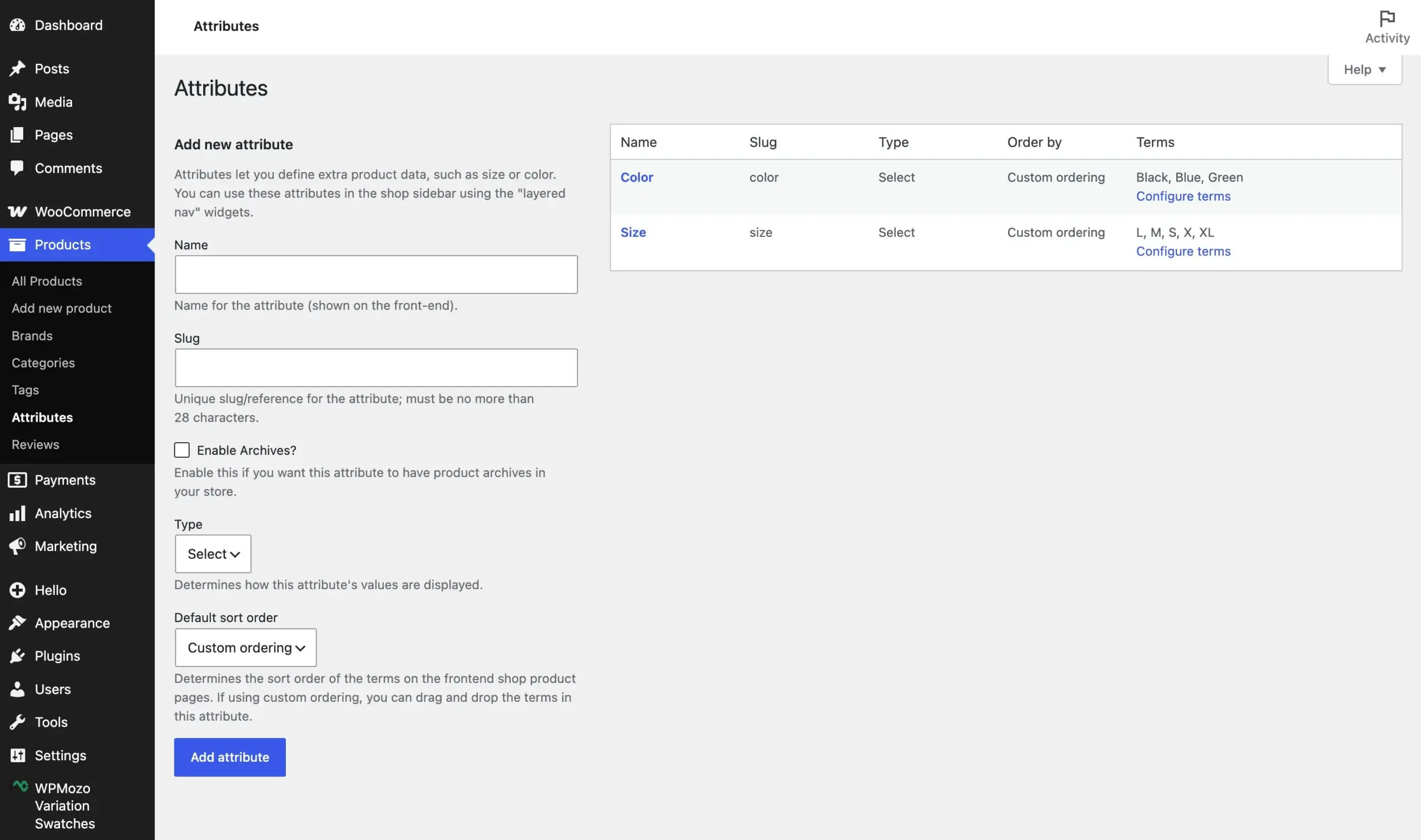 Product attributes window in the WordPress.
