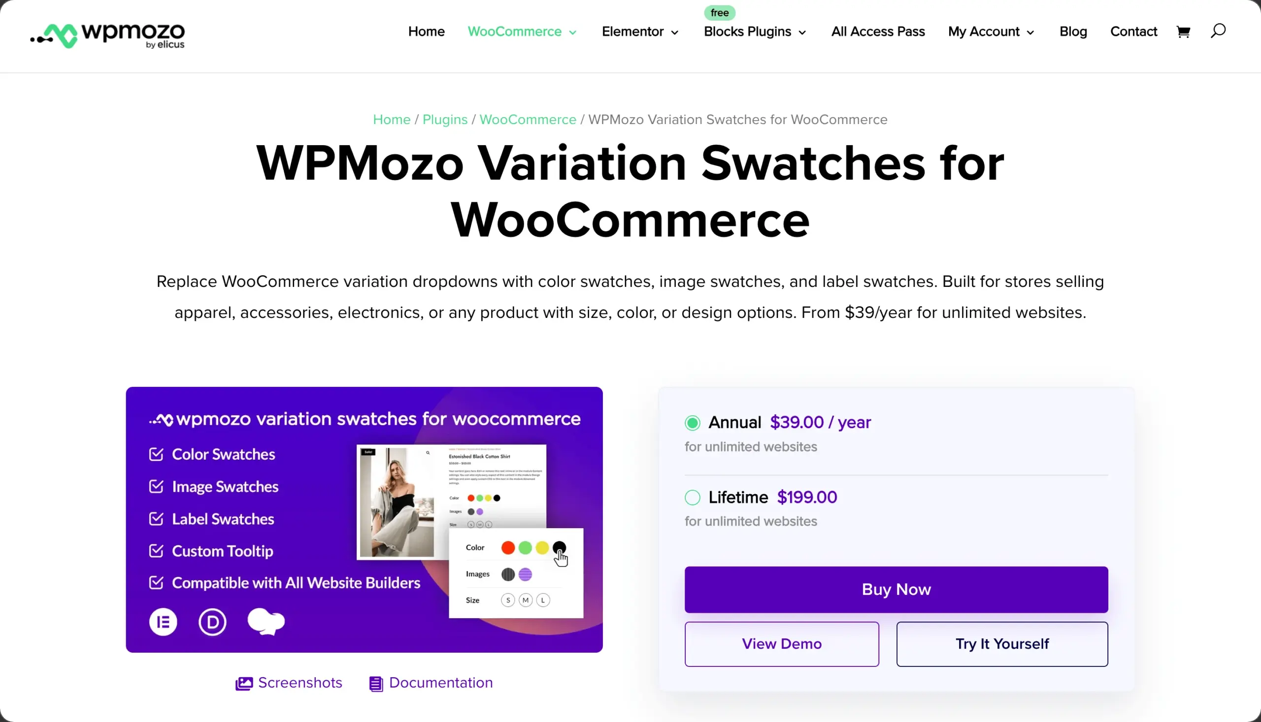 The product page of the WPMozo Variation Swatches for WooCommerce plugin.