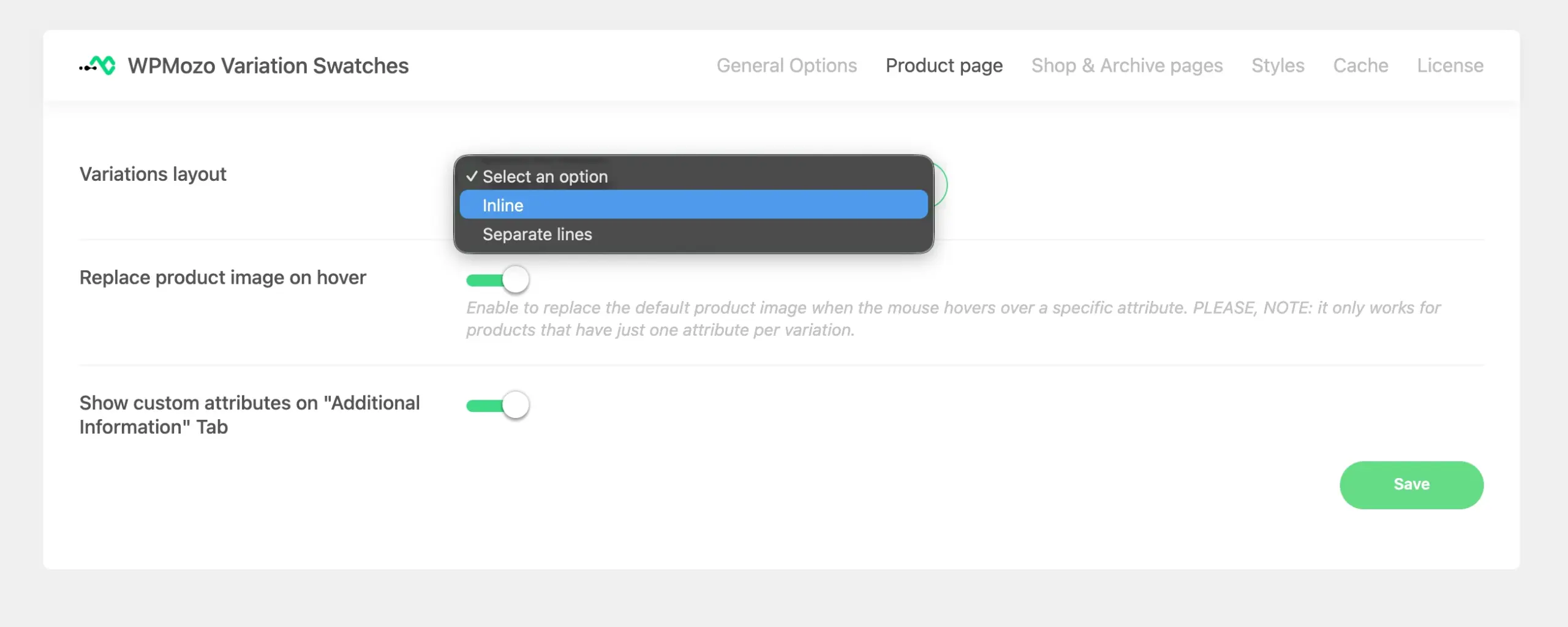 Variation Swatches plugin's product page controls.