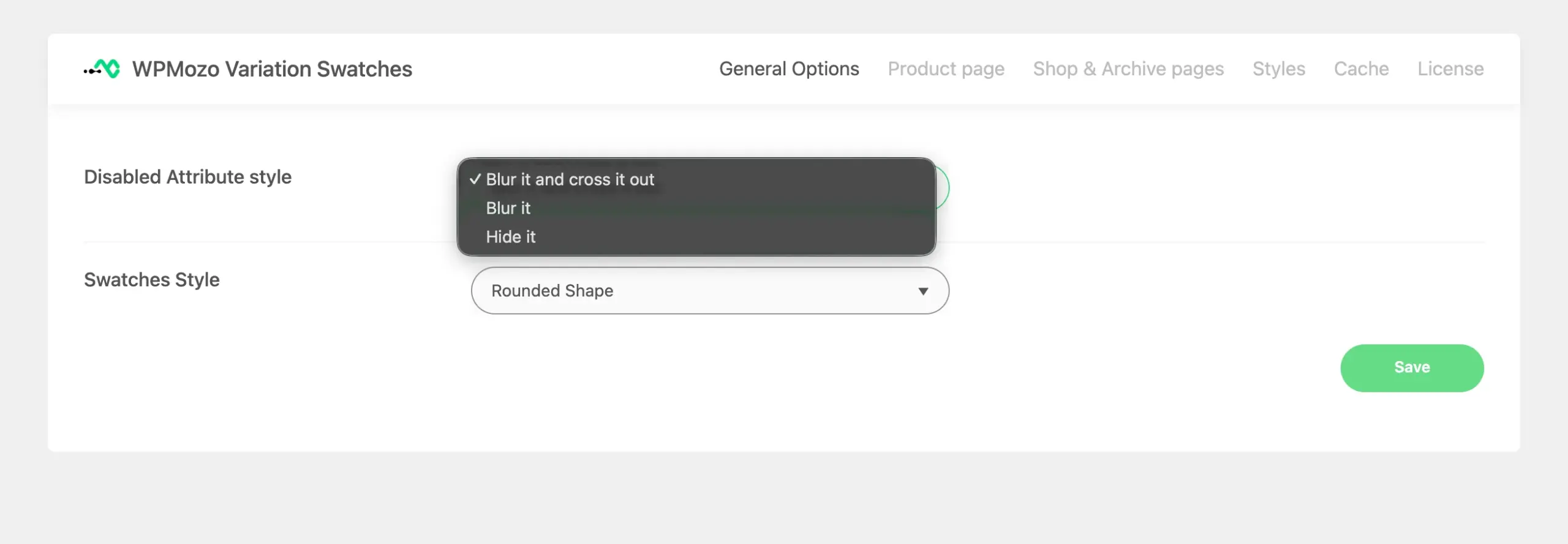 WPMozo Variation Swatches plugin and its General Options