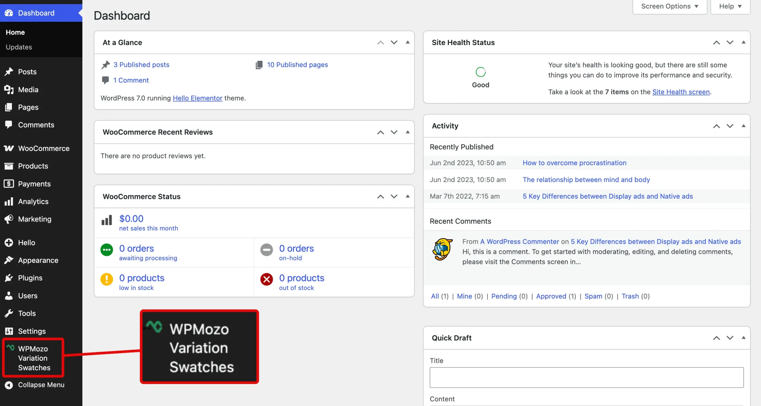 WPMozo Variation Swatches plugin in the WordPress Dashboard menu.