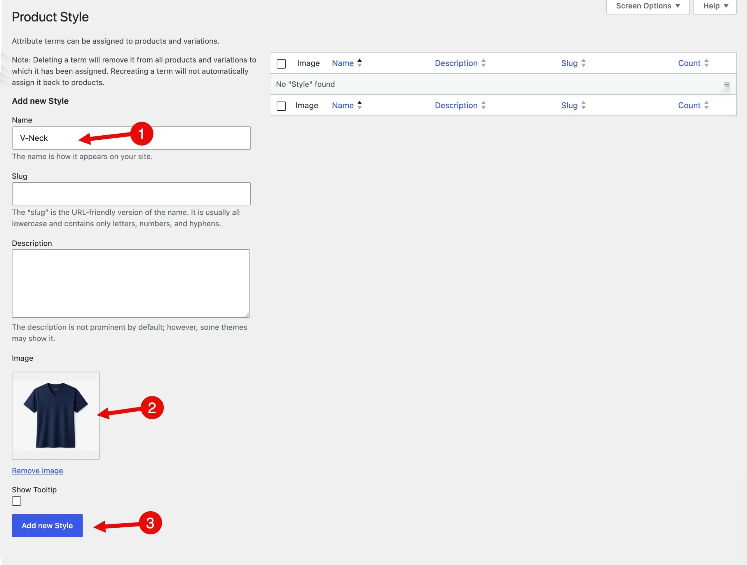 Steps to add a new style in Woo for attributes.