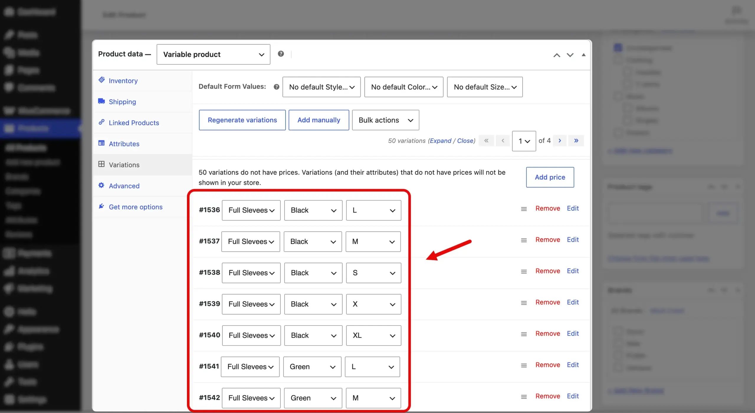 List of WooCommerce product variations in the product data.