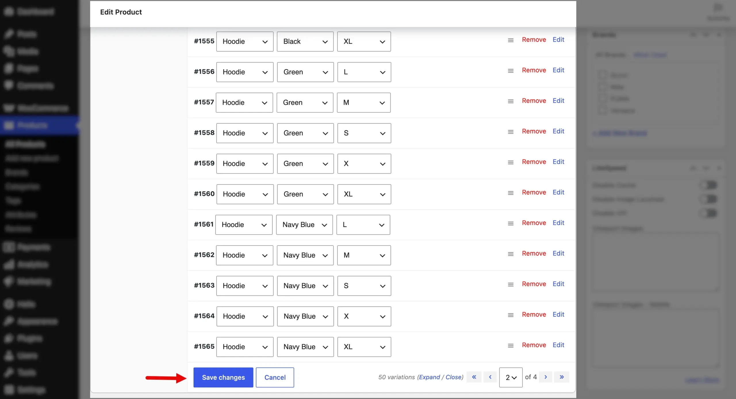 Saving changes for the product variations in the WooCommerce.