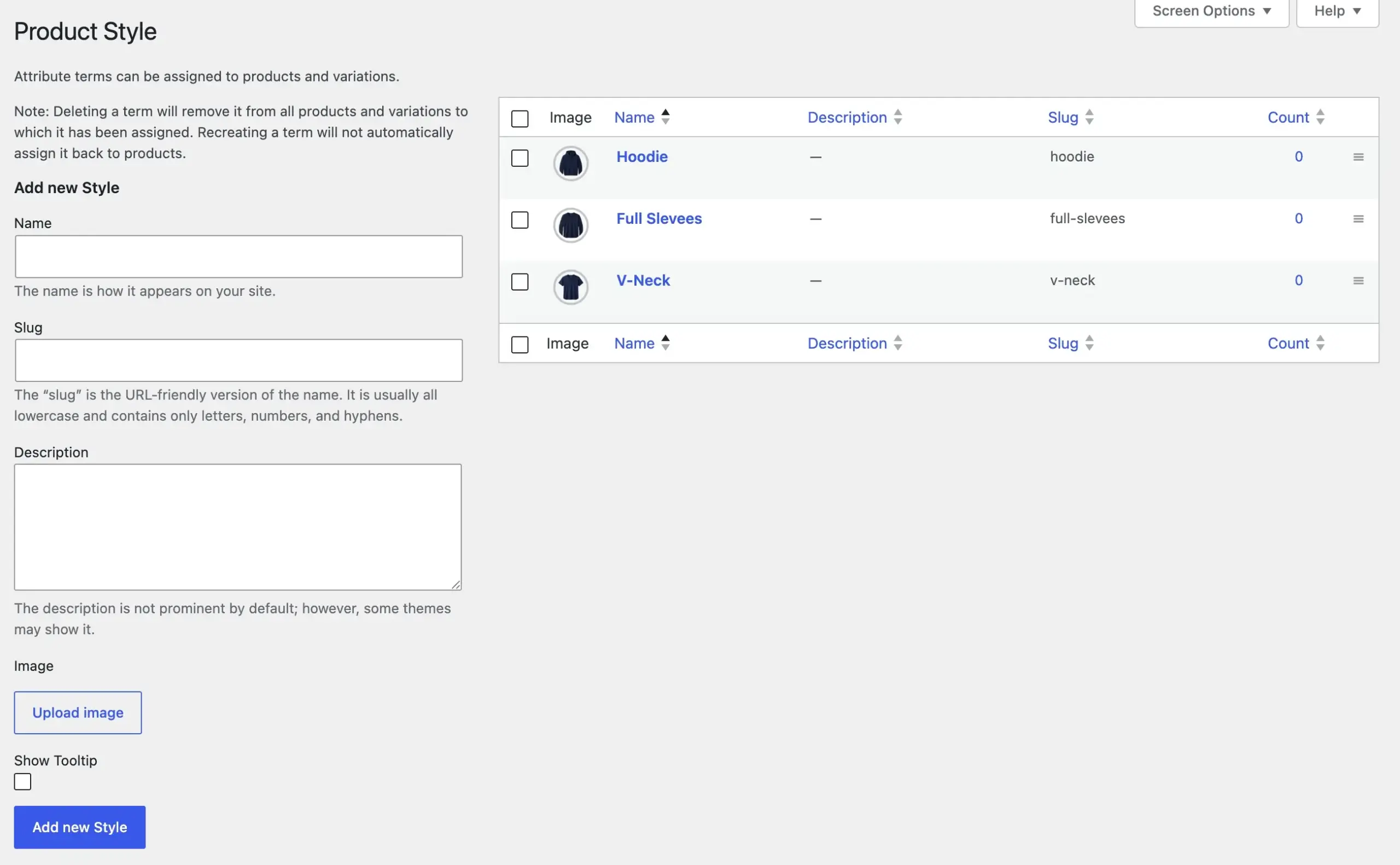 Styles added in the Woo attributes.