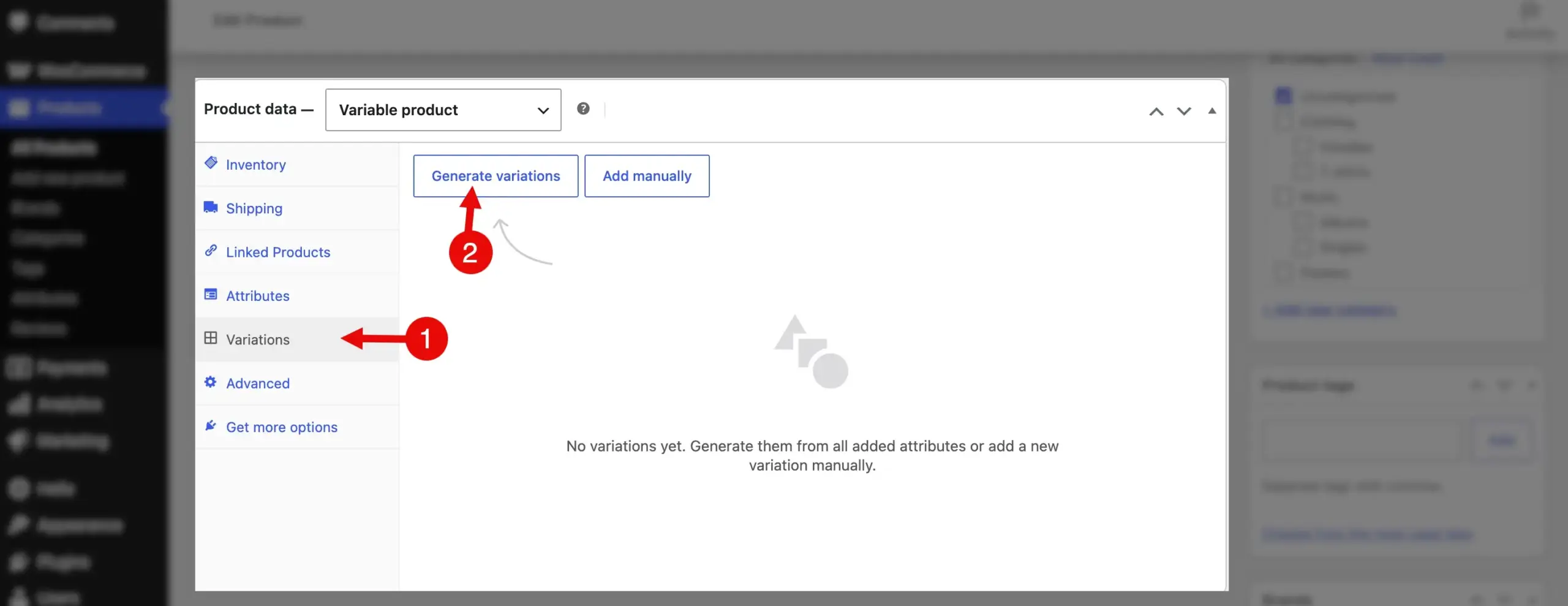 Steps to generate variations in the WooCommerce.