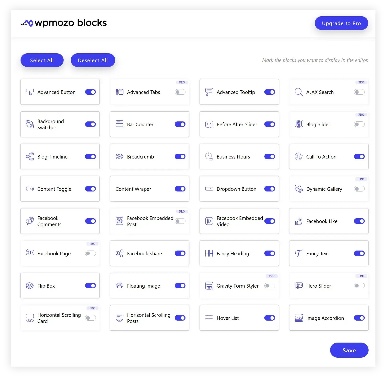 WPMozo Blocks and Addons control panel interface