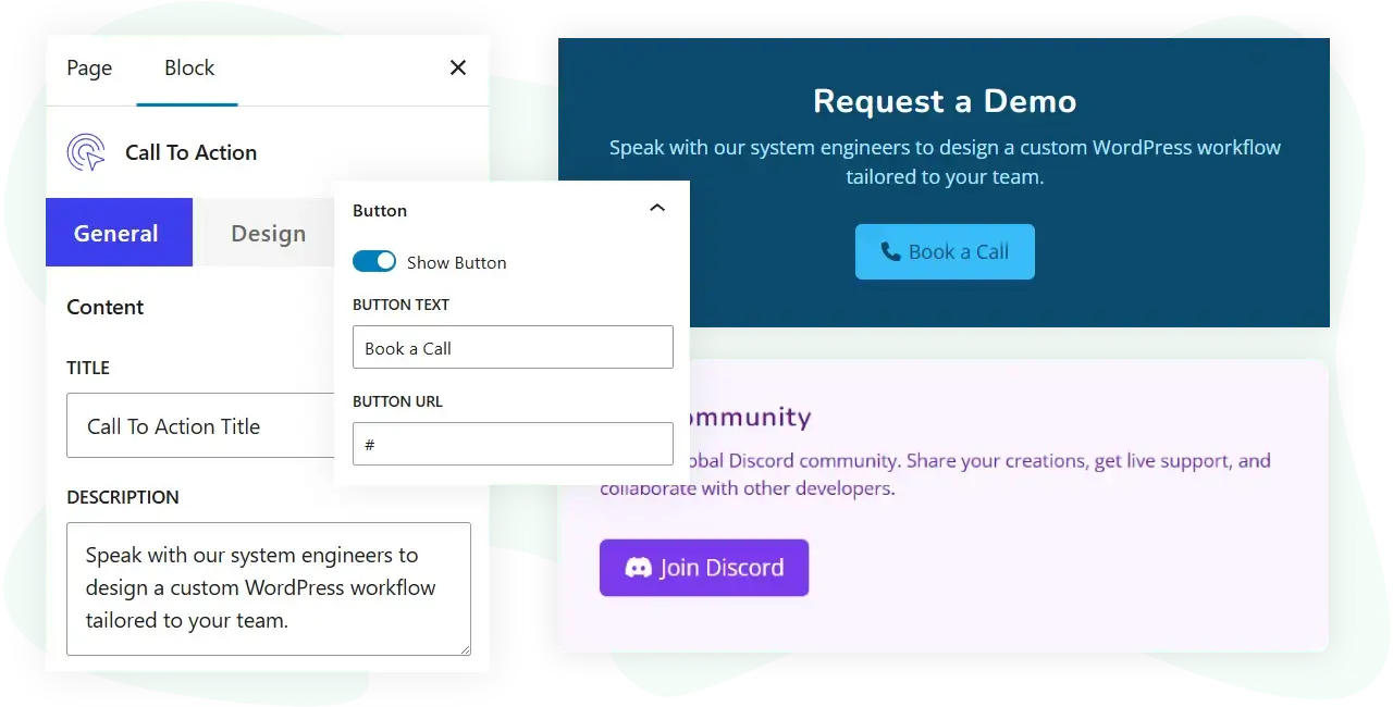 WPMozo Call to Action block backend and frontend represntation