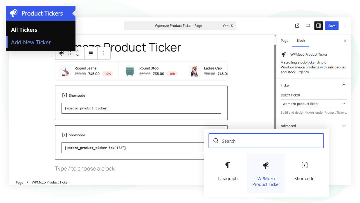 Demonstration for setup of product ticker