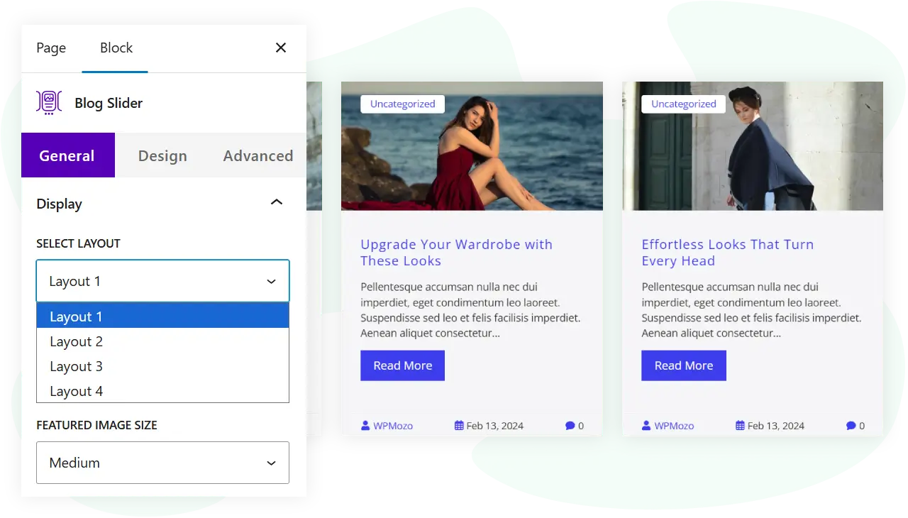 Demonstration of blog slider block for WordPress block editor