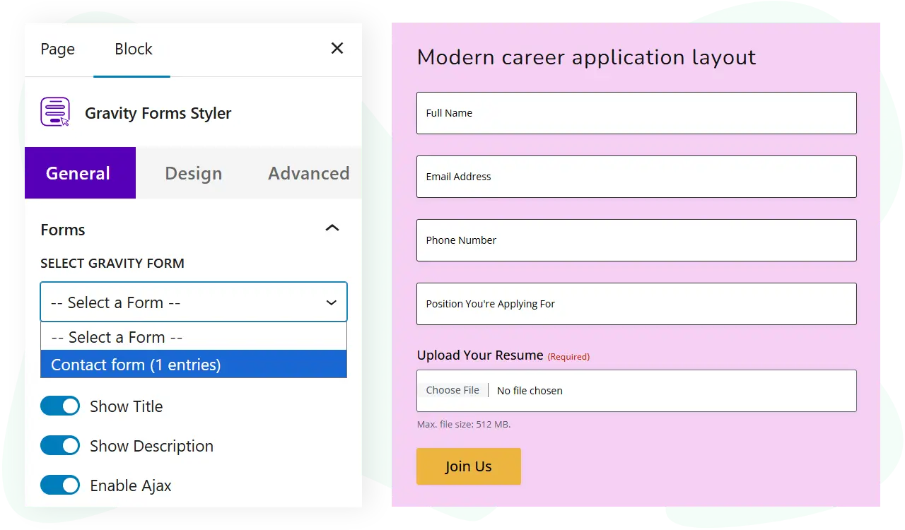 Demonstration of Gravity Forms styler block for WordPress block editor