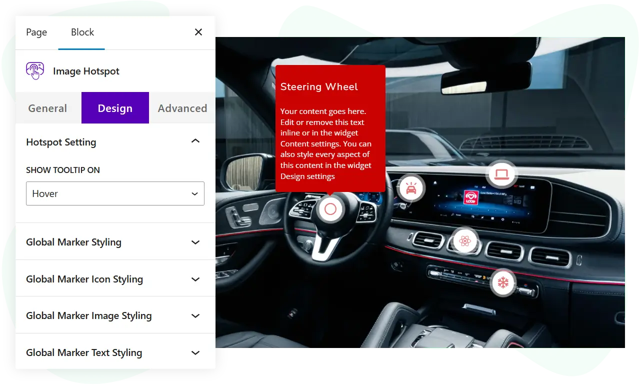 Demonstration of image hotspot block for WordPress block editor