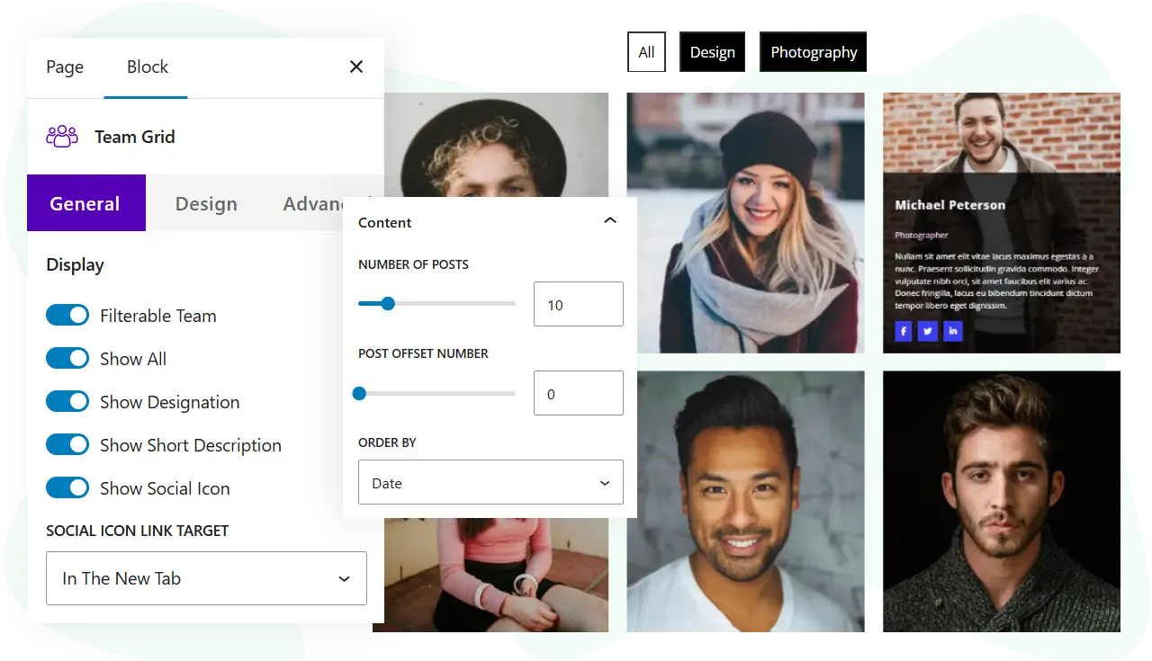 Demonstration of team grid block for WordPress block editor
