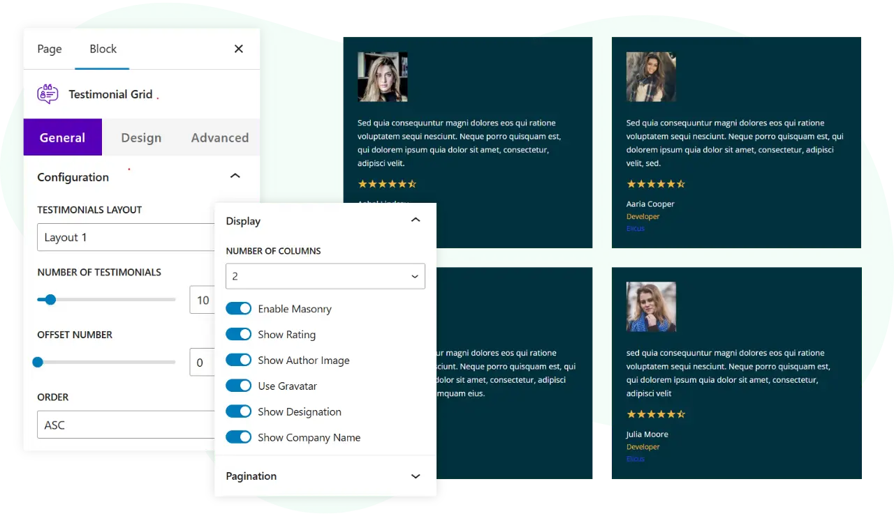 Demonstration of testimonial grid block for WordPress block editor