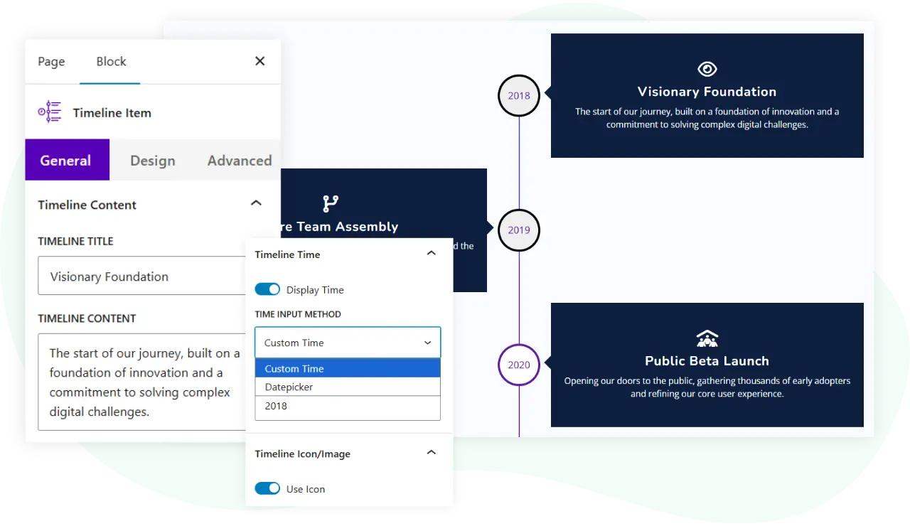 Demonstration of timeline block for WordPress block editor