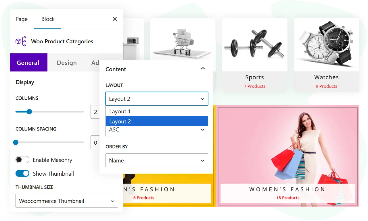 Demonstration of WooCommerce product categories block for WordPress block editor