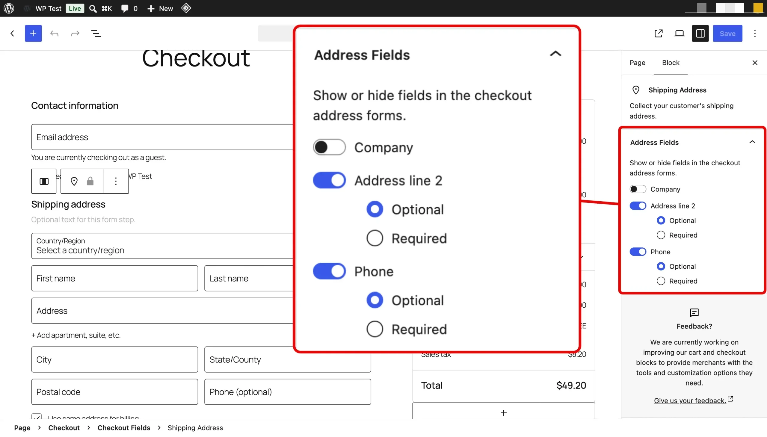 Checkout block sidebar with options to show, hide, or require the Company, Address Line 2, and Phone fields.