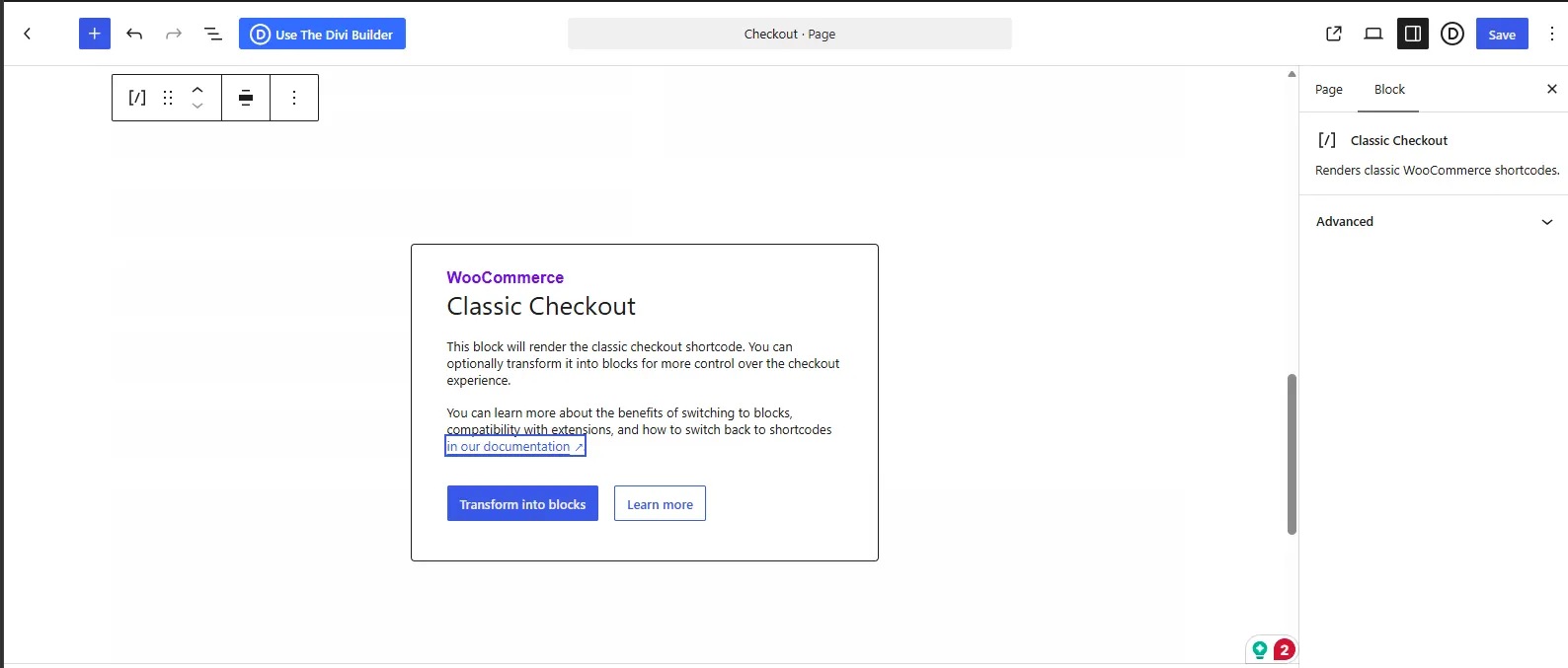 WordPress editor showing the Classic Checkout block, which renders the woocommerce_checkout shortcode, on the Checkout page.
