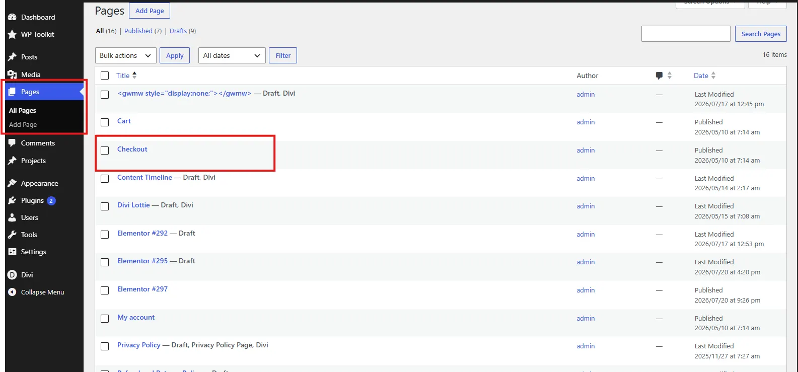 An image showing the checkout page selected in the pages category on WordPress.