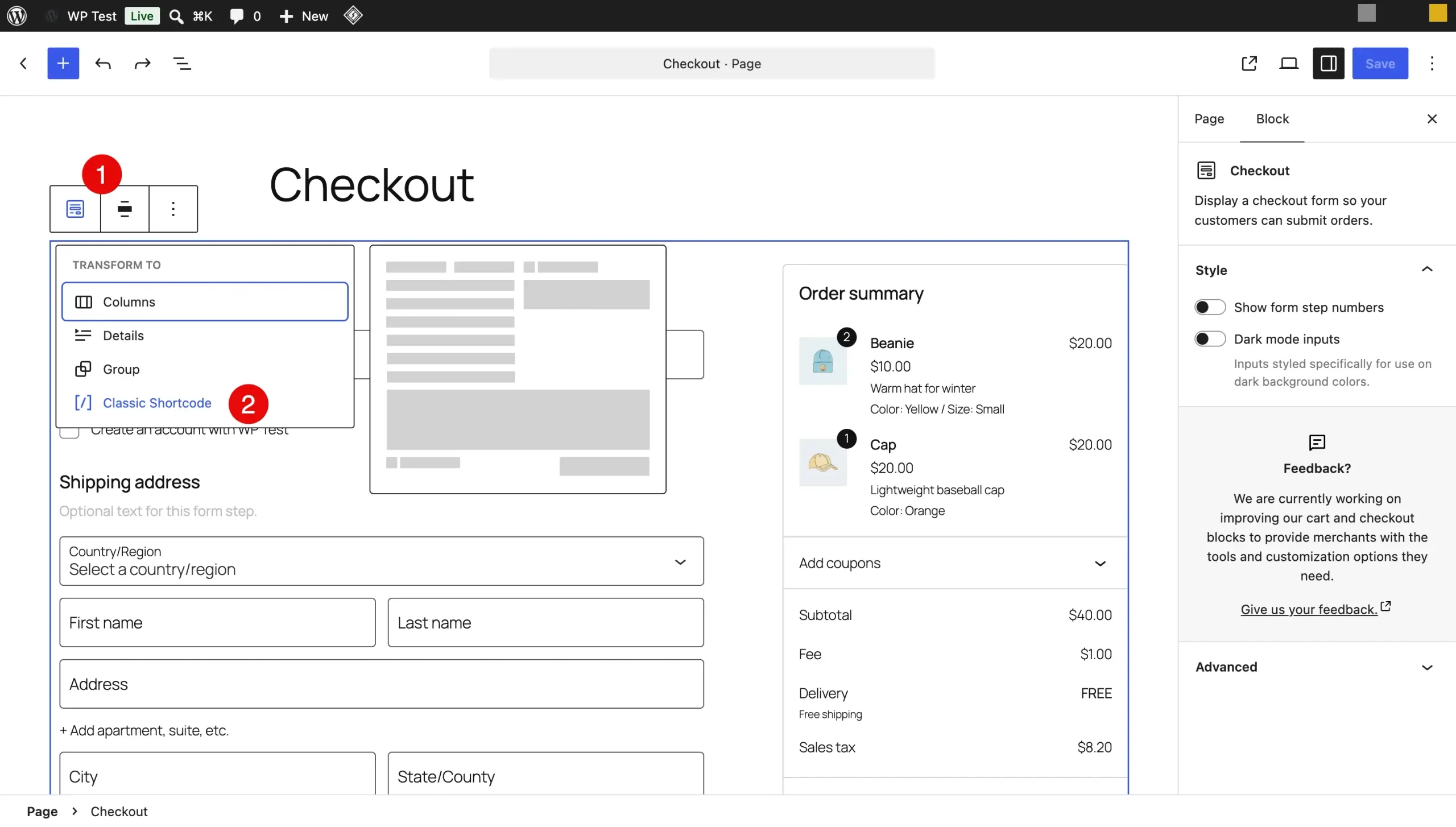 Checkout block toolbar with the Transform menu open and the Classic Shortcode option visible.