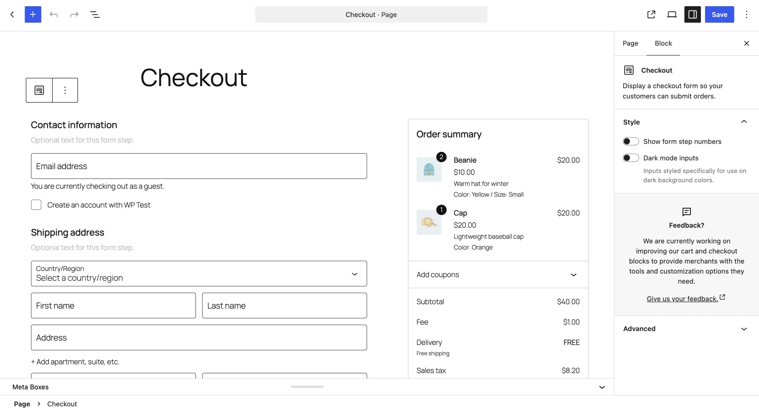 WordPress editor sidebar showing settings for the WooCommerce Checkout block.