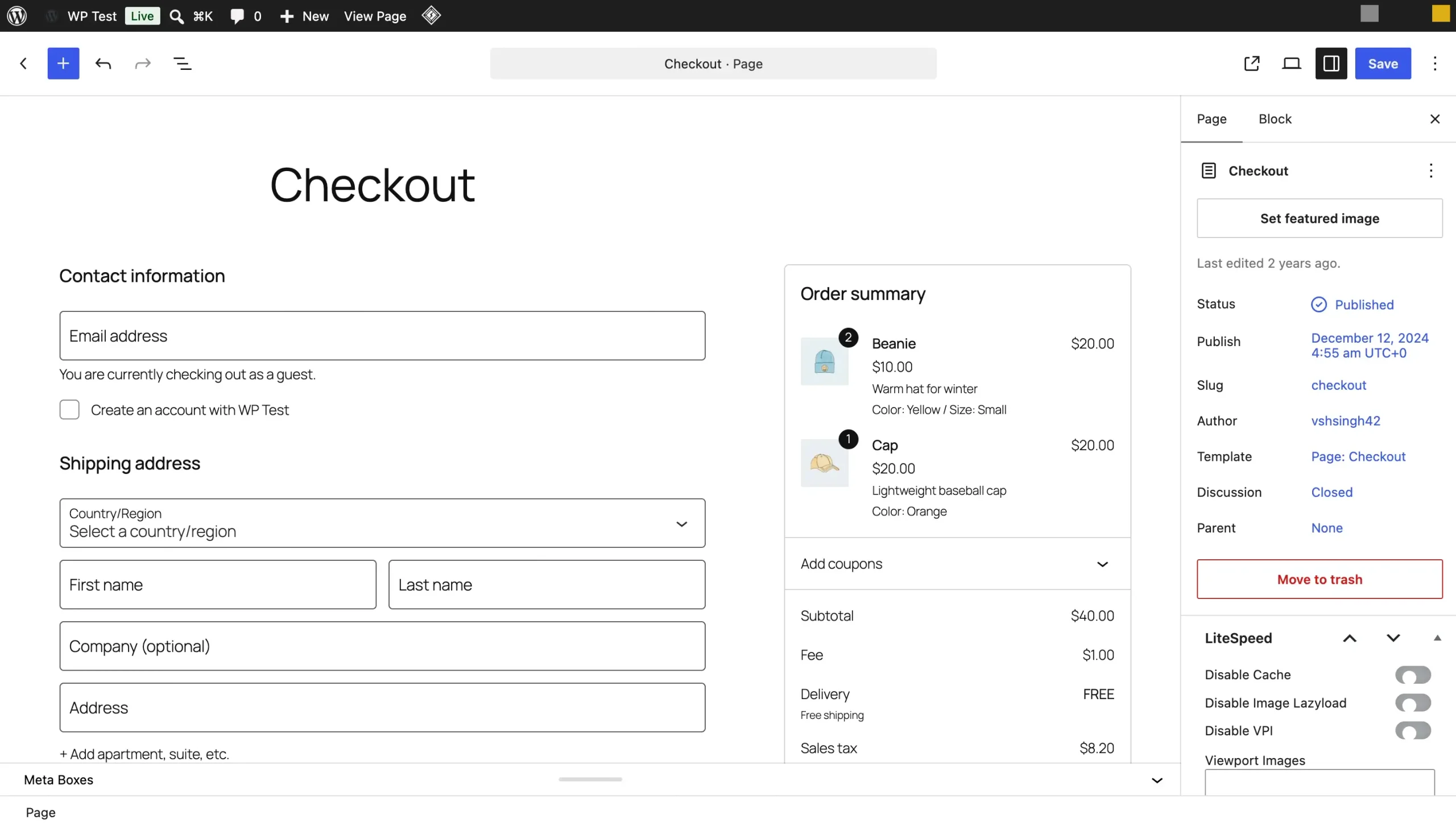 WordPress editor showing the WooCommerce Checkout block.