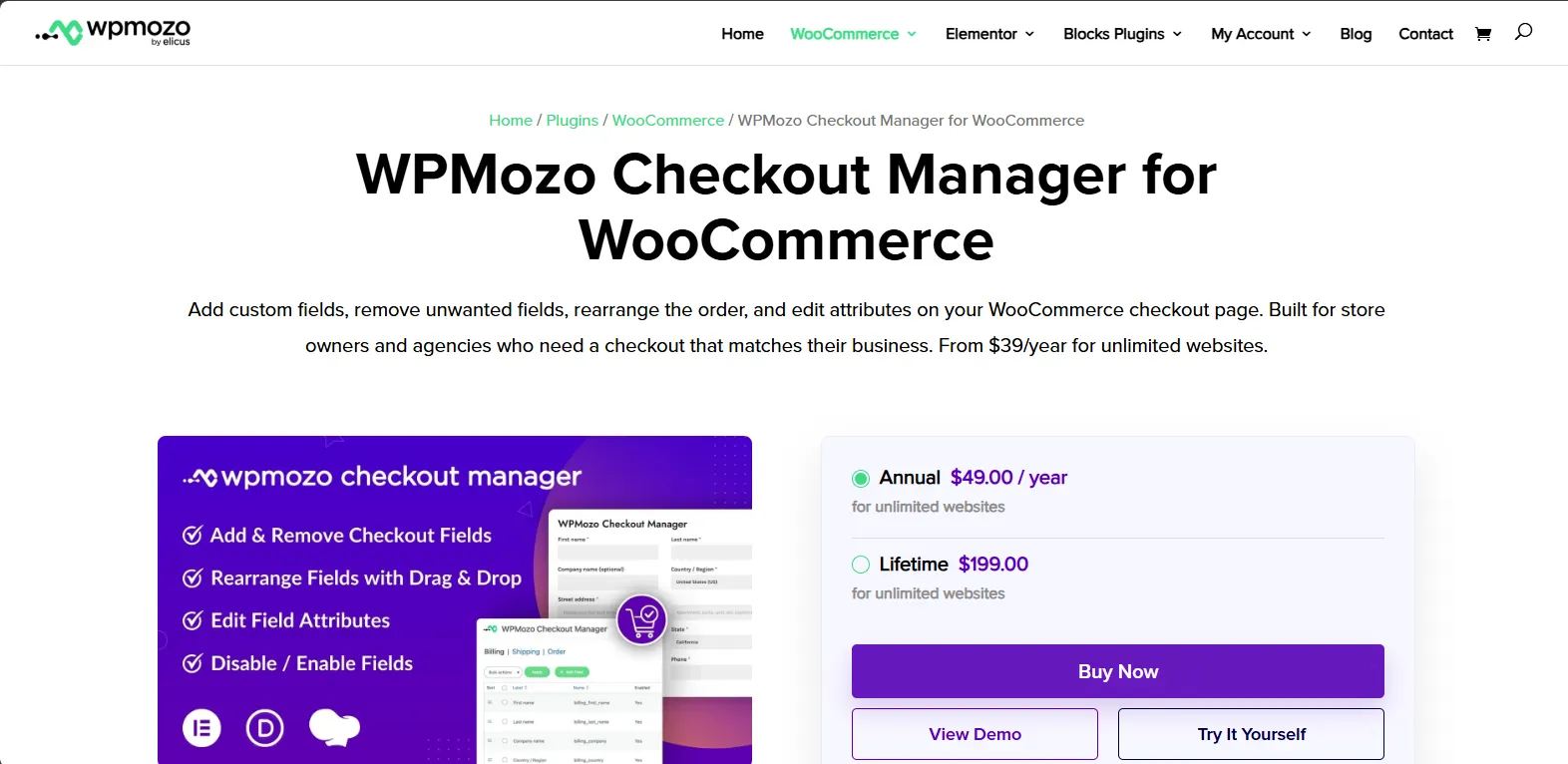 WPMozo Checkout Manager product page listing its checkout field features.