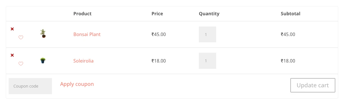 Move to Wishlist icon beside the remove icon on the cart page