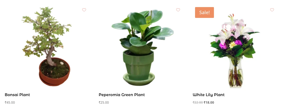 Wishlist heart icon on the top right of product images