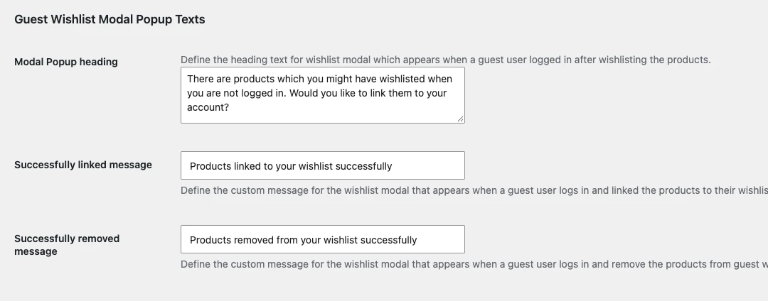 Guest Wishlist Modal Popup Texts settings