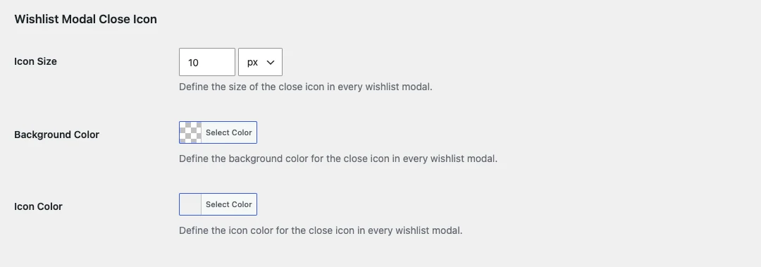 Wishlist Modal Close Icon style settings
